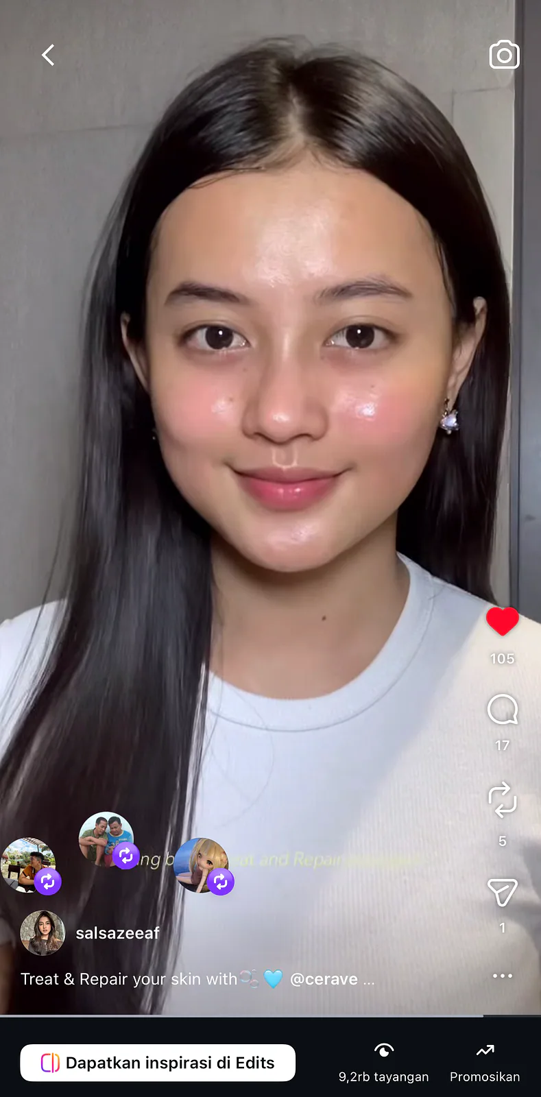 Salsabilla tampil close-up dalam reel skincare Treat and Repair untuk CeraVe.