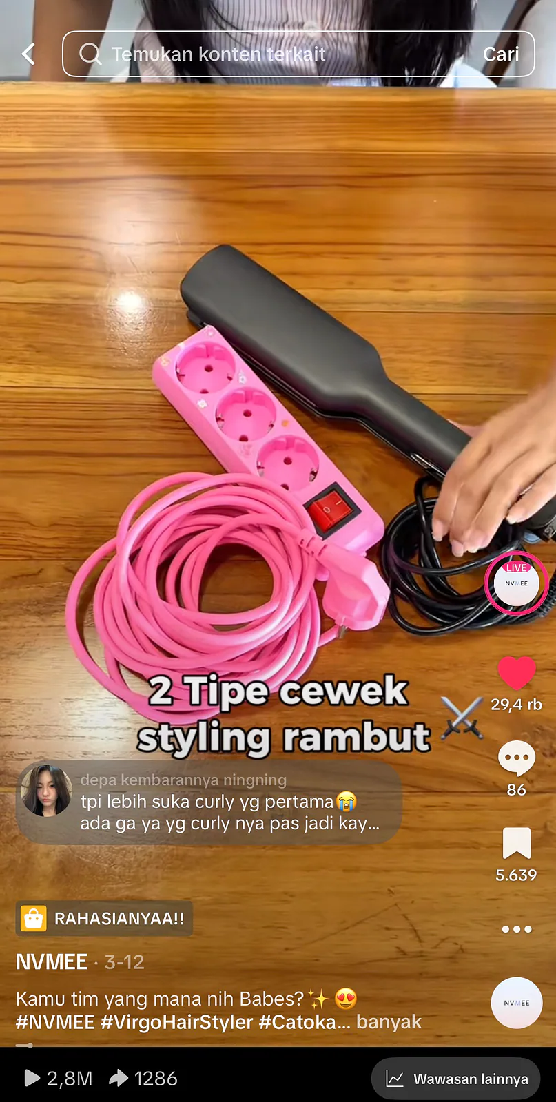 Konten NVMEE tentang dua tipe perempuan saat styling rambut dengan 2,8 juta tayangan.