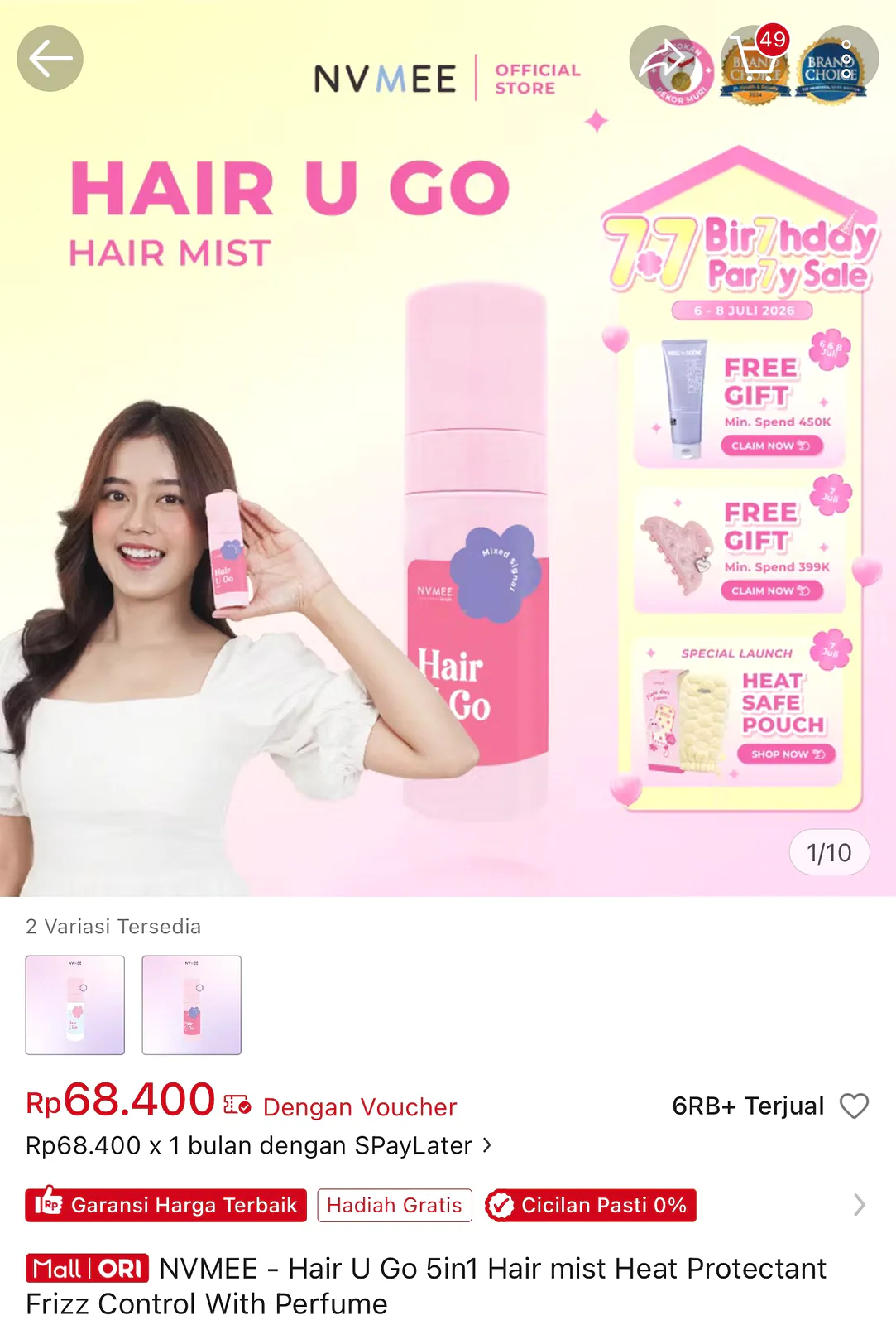 Salsabilla memegang Hair U Go Hair Mist pada materi katalog marketplace NVMEE.